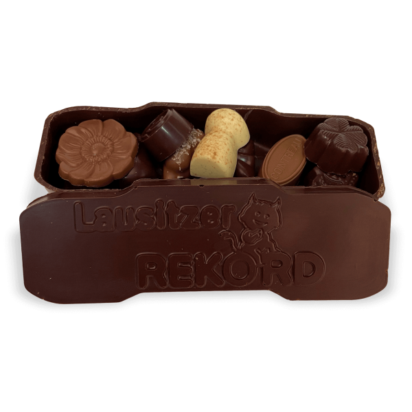 Schokoladen-Brikett Rekord zartbitter, gefüllt mit Pralinen