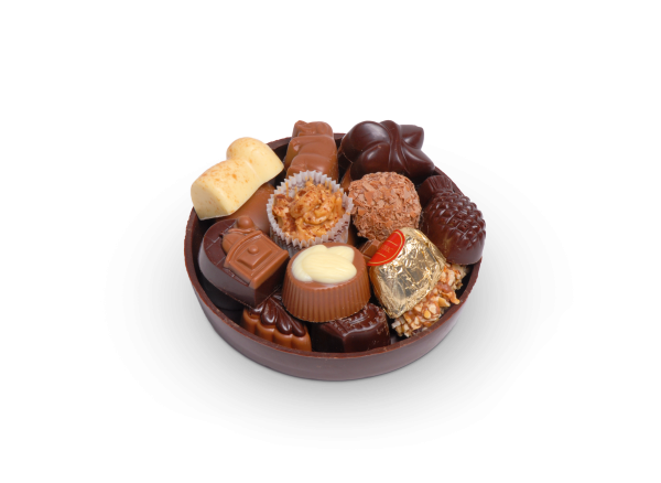 Schokoladen-Schale rund gefüllt mit Pralinen