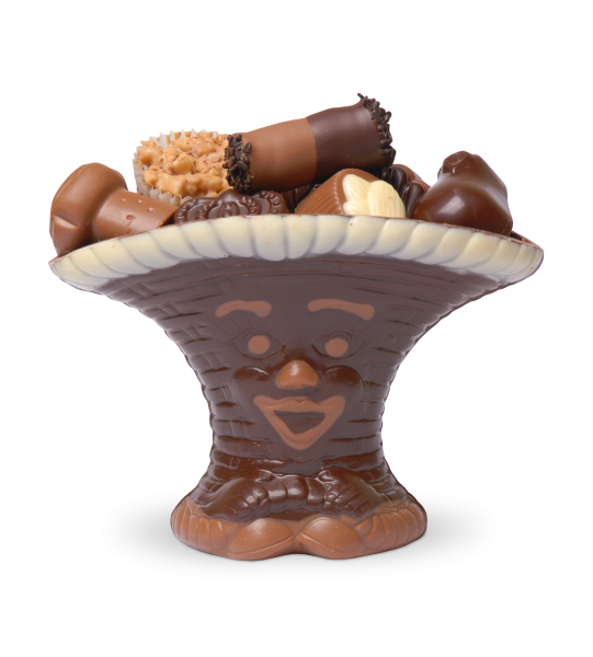 Schokoladen-Körbchen mit Gesicht gefüllt mit Pralinen