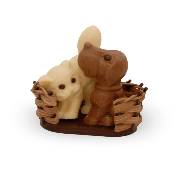 Hund und Katze im Korb aus Schokolade
