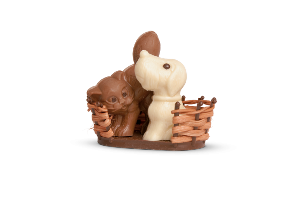 Hund und Katze im Korb aus Schokolade