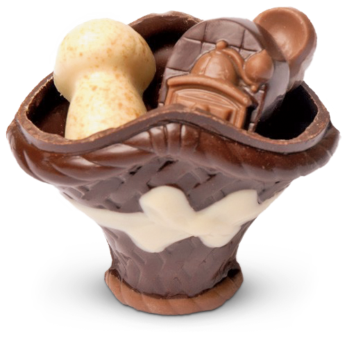Schokoladen-Körbchen mit Schleife gefüllt mit alkoholfreien Pralinen