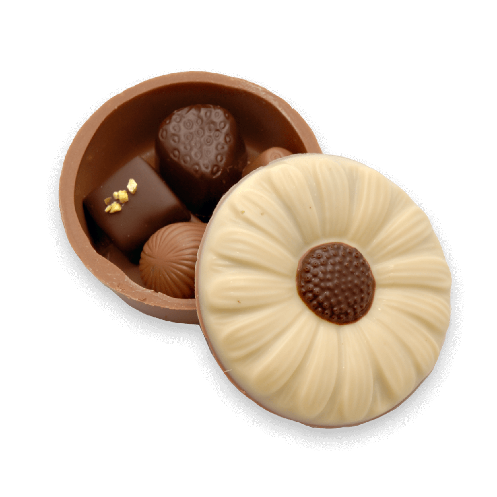 Schokoladen-Margerite gefüllt mit alkoholfreien Pralinen