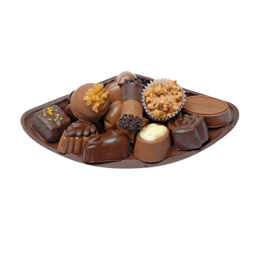 Schokoladen-Miesmuschel gefüllt mit Pralinen offen